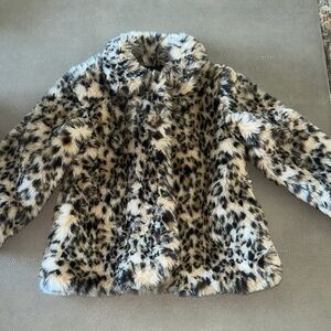Girls Faux Fur Leopard Print Coat - Cream & Black